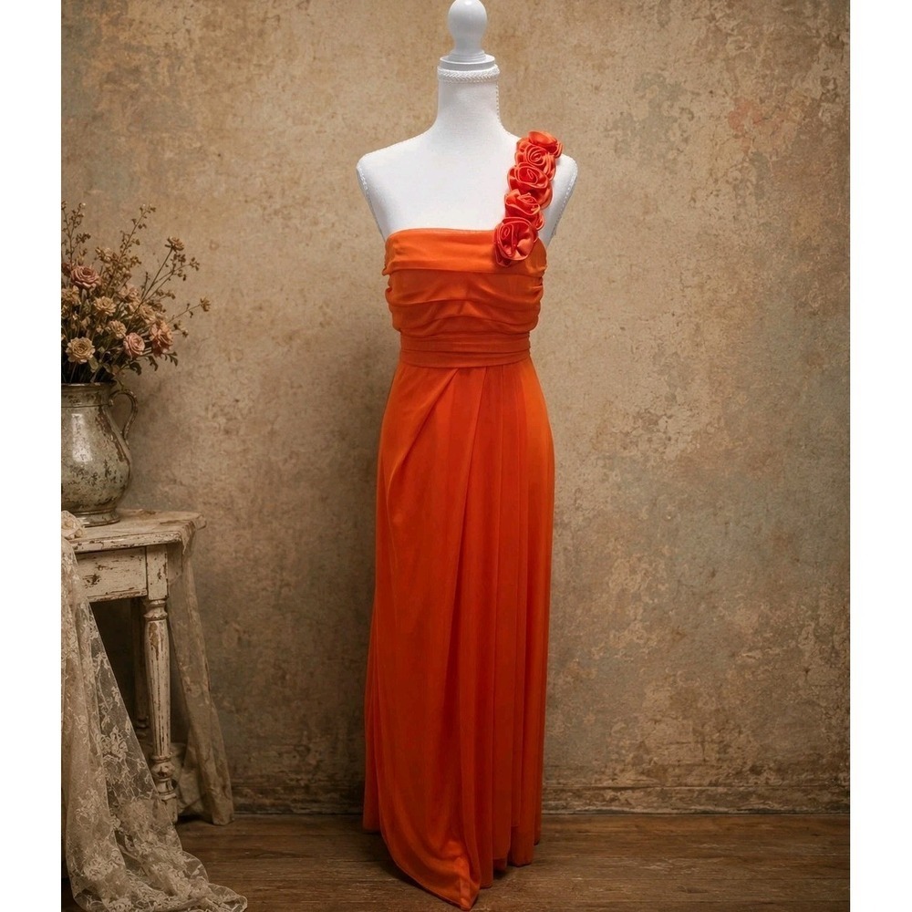 Vintage Y2K Eureka USA Orange Floral 3D Maxi Dress Medium Ruched Scarf Formal...
